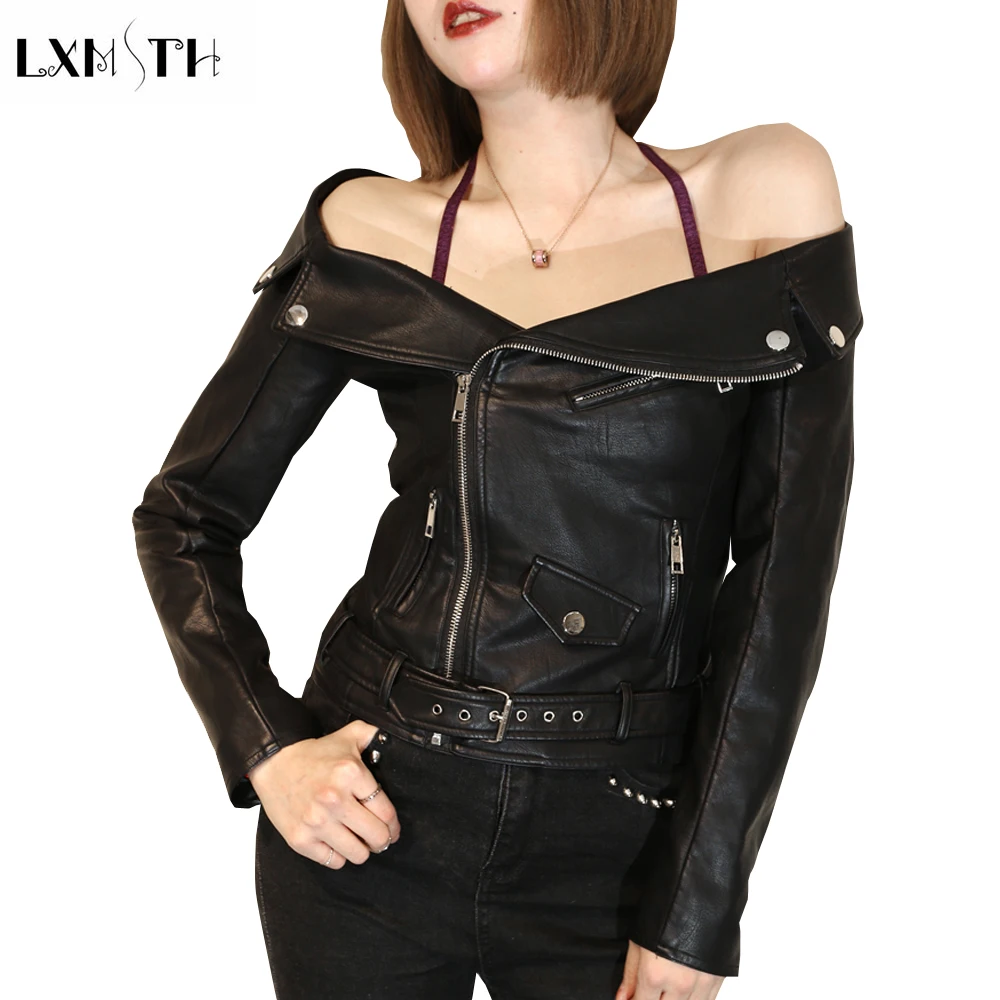 LXMSTH Antumn искусственная кожа куртка для женщин модные, пикантные с открытыми плечами отложной воротник кожаная куртка на молнии Тонкий