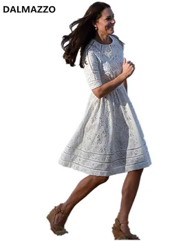 

DALMAZZO 2018 High-end Custom Designer Newest White Lace Runway Knee-Length Dresses Women Half Sleeve Christmas Party Hem Dress