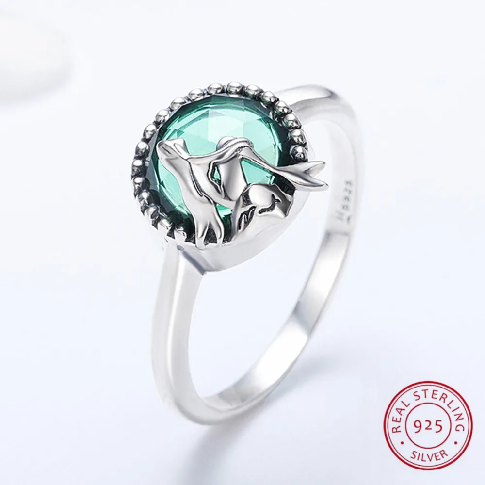 

100% 925 Sterling Silver Romantic Mermaid's Love with Green Cubic Zirconia Finger Ring for Women Silver Anillos Jewelry Gift
