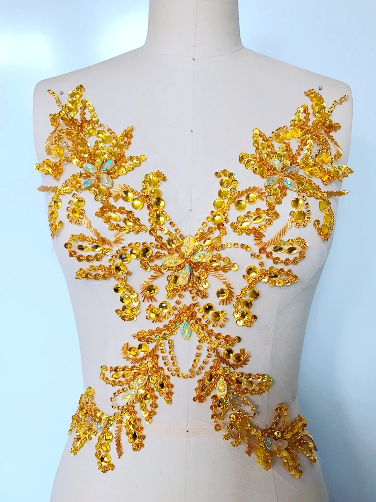 38*21cm handmade crystal patches trim sew on golden rhinestones