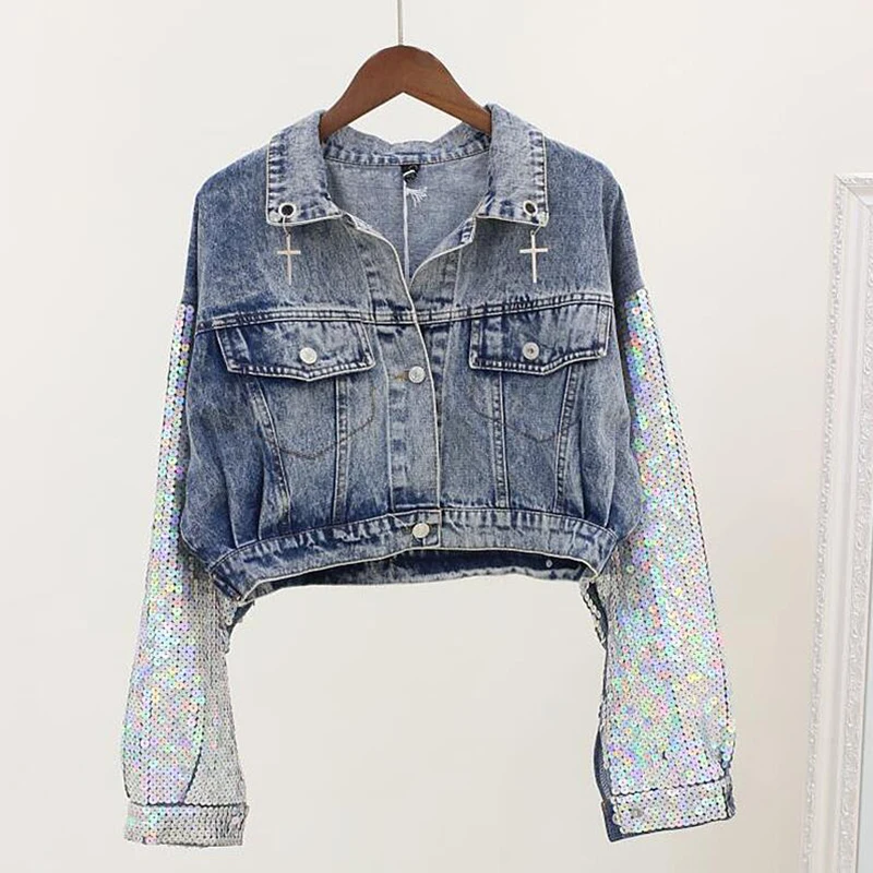Courtes boy Manches Femelle Femmes Printemps Cow Outwear Blue 2019new Mode Denim Marque Veste Manteau Tendance De Femme Paillettes 4Pq5w67CC