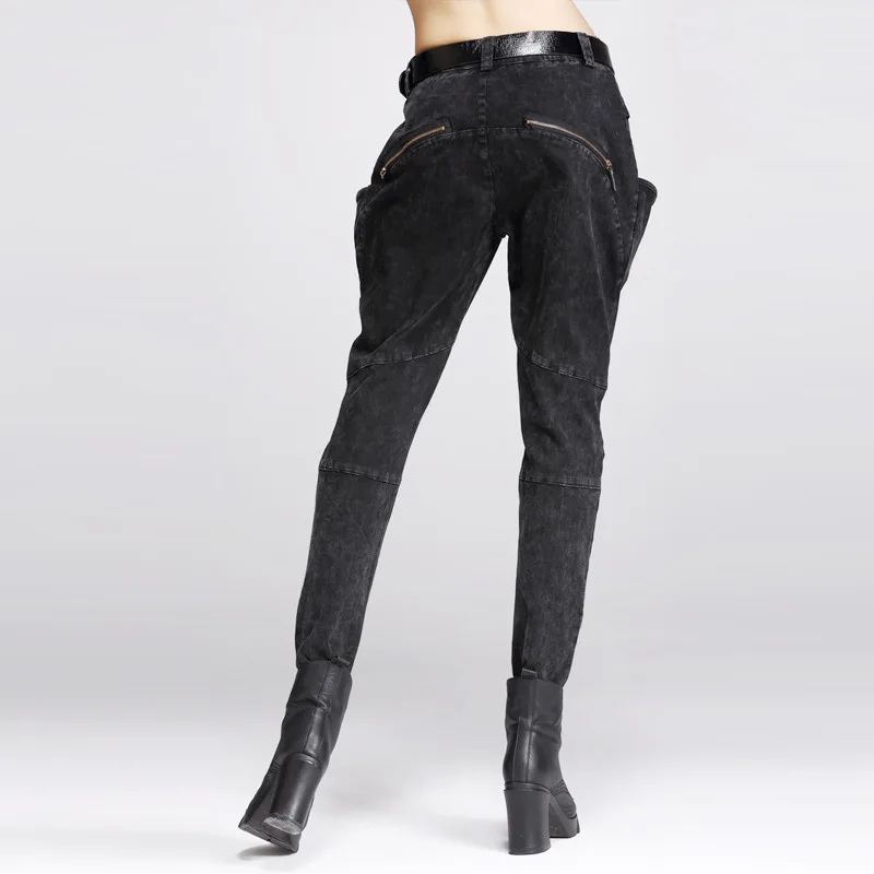Высокое качество Весна Осень женские черные джинсы брюки женские личности тонкие большие карманы брюки карандаш с молнией шаровары