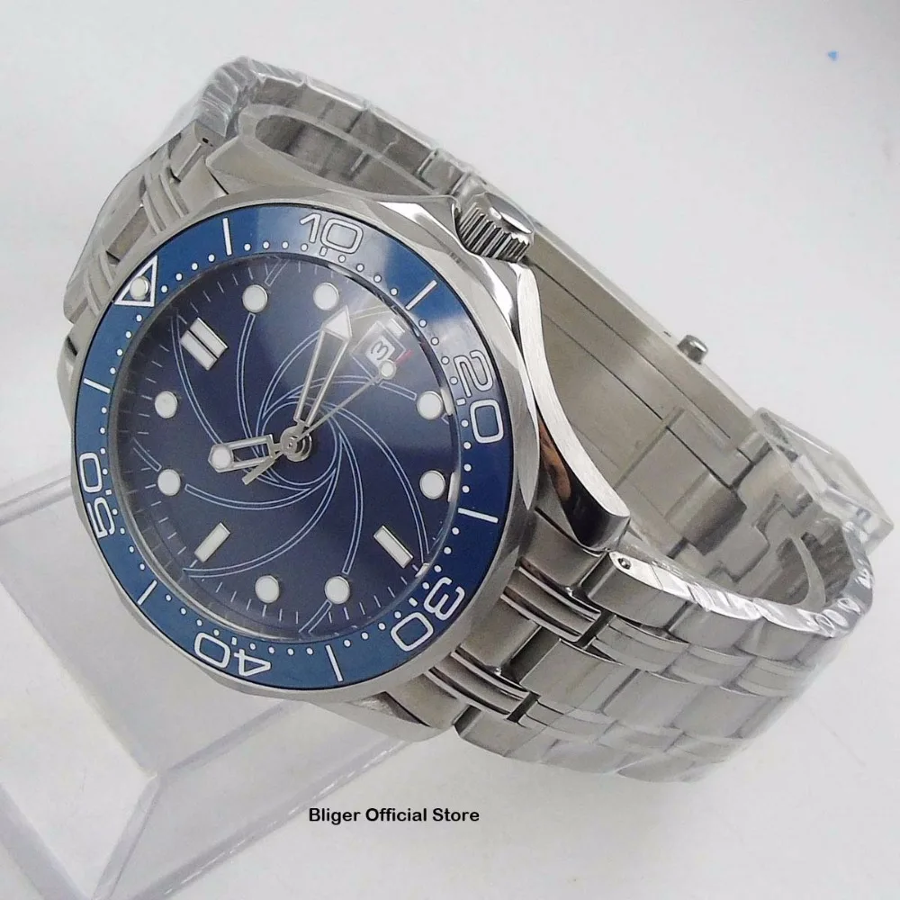 

41mm Blue Sterile Dial Big Face Men's Watch Spiral Pattern Ceramic Bezel Luminous Date Window MIYOTA 8215 Automatic Movement