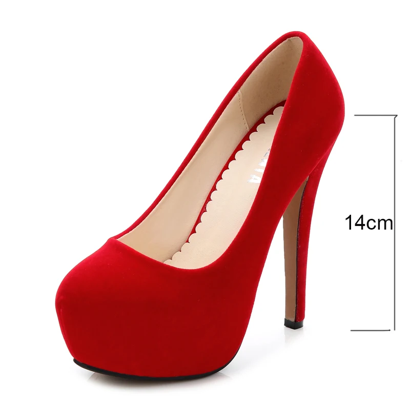MAIERNISI/женские туфли-лодочки на высоком каблуке; Модные женские босоножки из флока; свадебные туфли на платформе 4 см; повседневная женская обувь на тонком каблуке - Цвет: 14cm red
