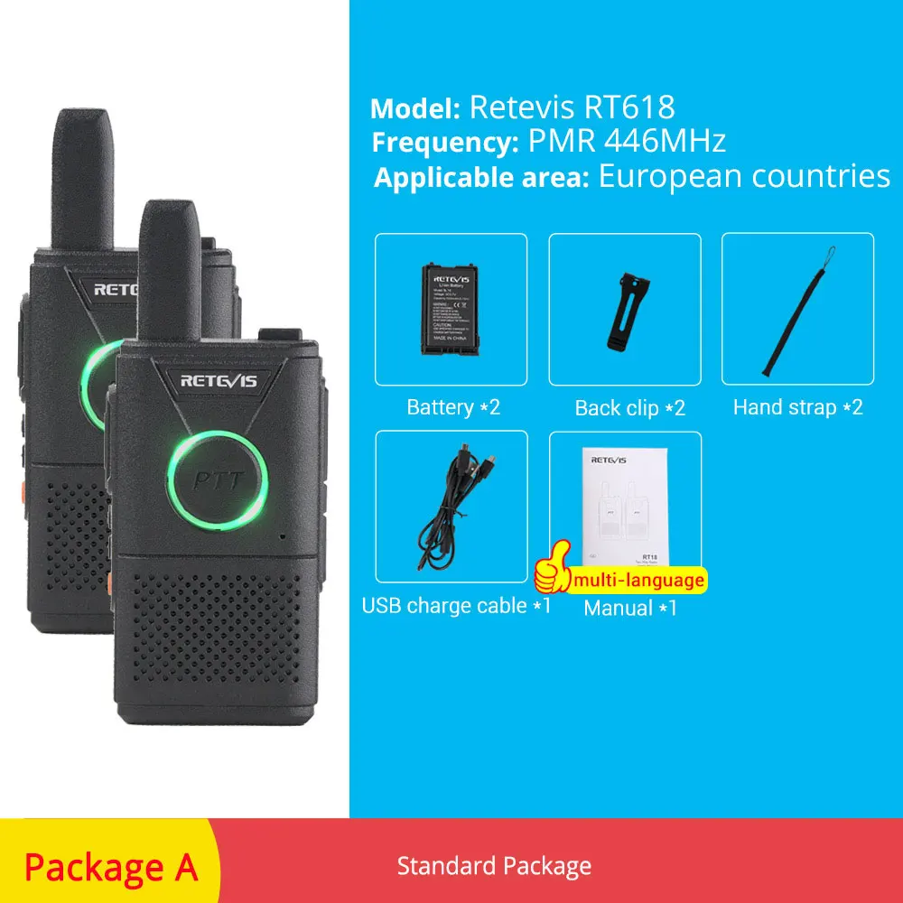 PMR RT618-Package A RETEVIS RT618/RT18 PMR радио перезаряжаемая мини рация 2 шт. PMR446 PMR 446 FRS Dual PTT VOX двухсторонняя рация - Цвет: PMR RT618-Package A