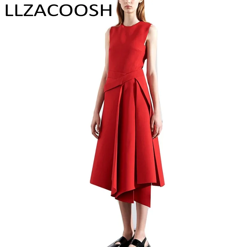 

Newest Designer women Clothing 2019 Runway Summer Women Red Sleeveless Female Elegant Slim Asymmetrical Party Dress