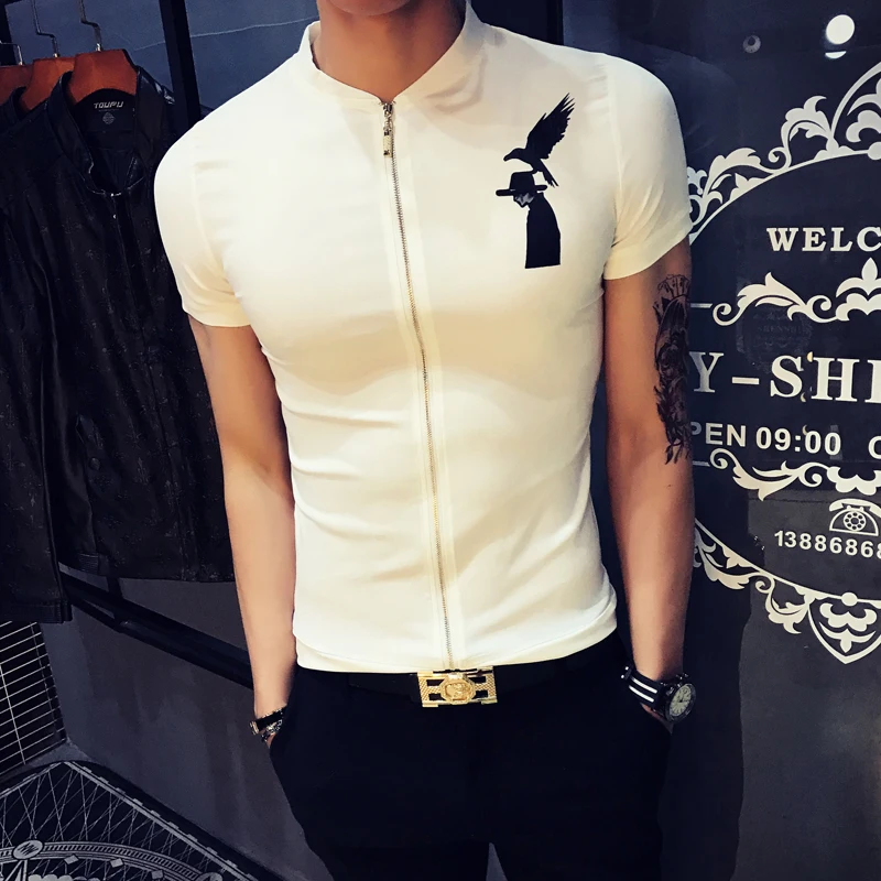 

Temperament 2018 summer men's short-sleeved T-shirt collar Slim stretch tight half-sleeved clothes tide casual printing T-shirt