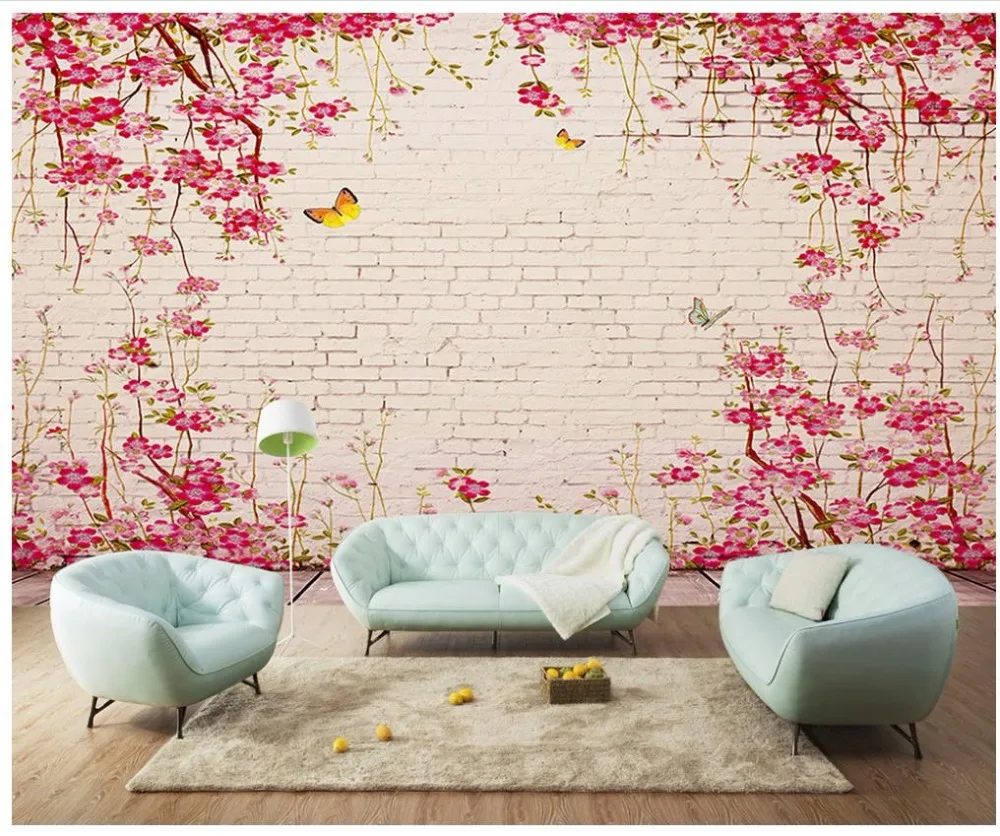 

Custom Any Size Mural Wallpaper 3D Mural For Living Room Vines, Pink flowers, Bricks TV Background 3D Mural Wall Paper