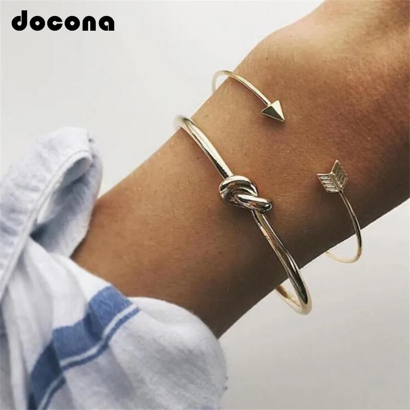 

Docona 2pc/set Trendy Bohemia Geometric Knot Arrow Hand Cuff Charm Adjustable Bracelet Bangle for Women Gold Bracelets 6127