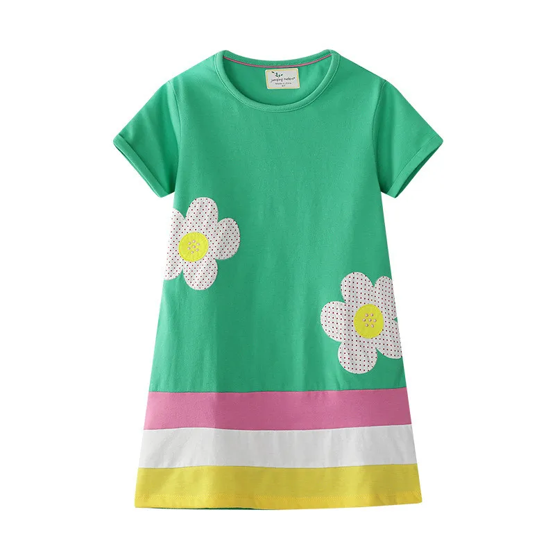 Платья принцессы с аппликацией; одежда для маленьких девочек; летние хлопковые платья в полоску с птицами для девочек; вечерние платья для школьников; платье-пачка для девочек - Цвет: T6215 flowers green