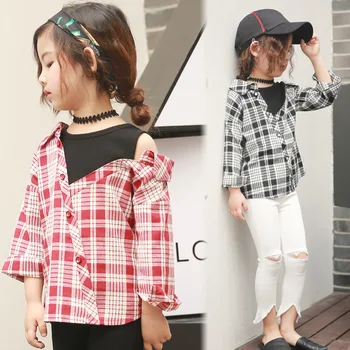 

2018 New Pattern Girl Long Sleeve Stripe Lattice Shirt False Twinset Heat Leaking Shoulder Children Autumn Children's Garment