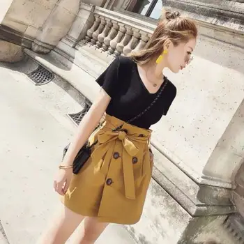 

Casual Temperament Women 2 Piece Skirt Sets Black Short Sleeves Tops Above Knee Mini High Waist Skirt Fashion Women Sets Clothes