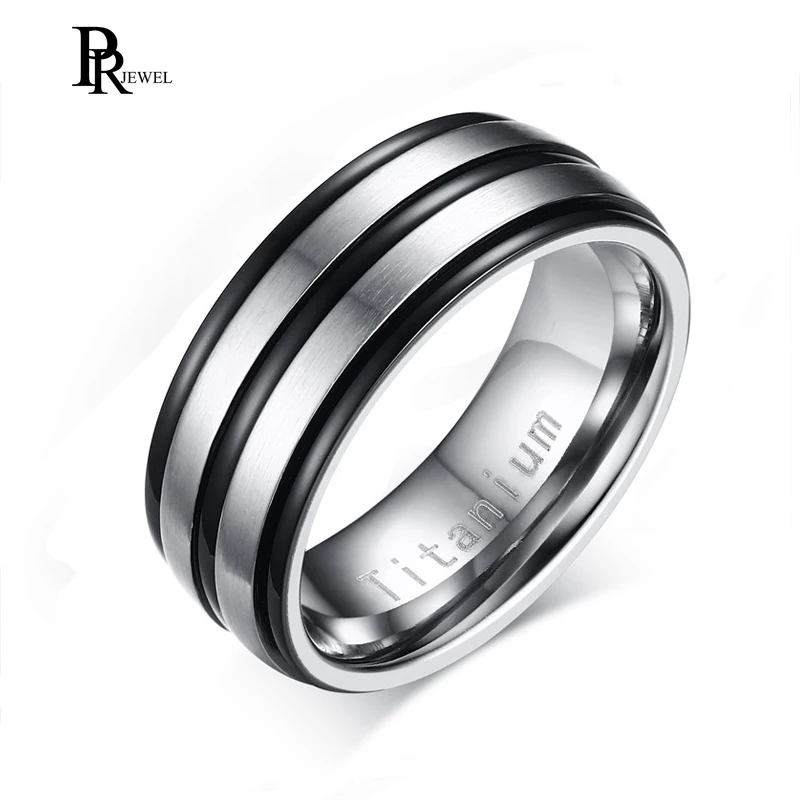 

8mm Men's Silver Color Titanium Ring with Black Grooved Lines Sizes 9 to 12