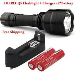 C8 CREE Q5 5 Режим фонарик + 2x18650 Перезаряжаемые аккумулятор + Зарядное устройство + адаптер питания, бесплатная доставка