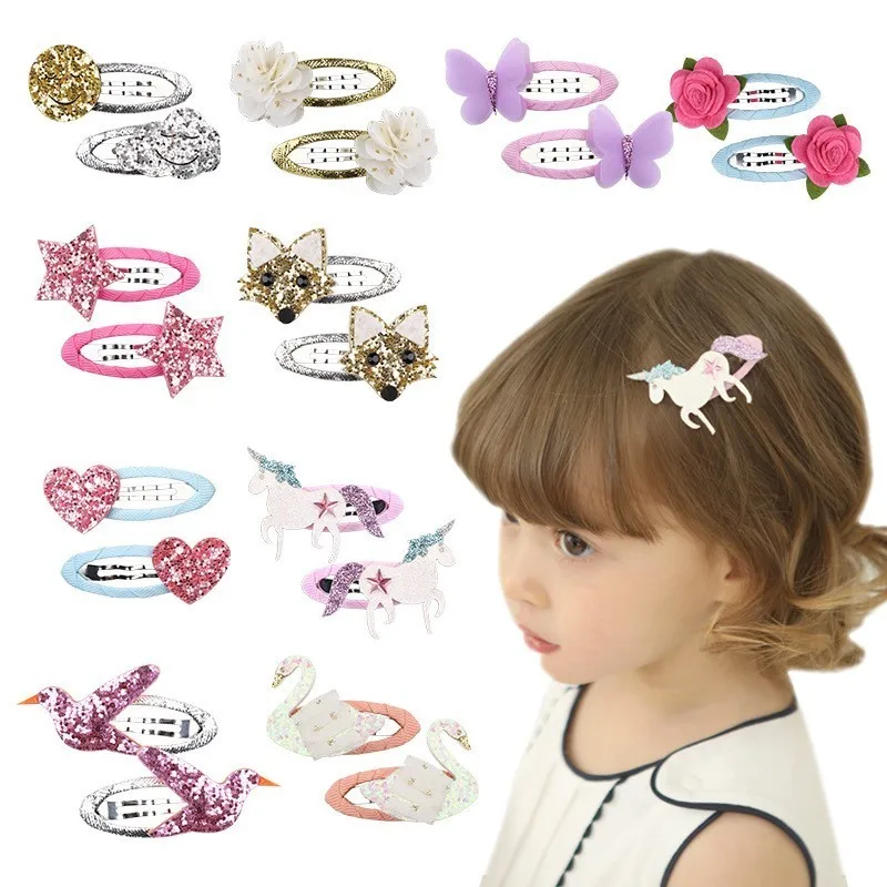 

2 Piece/lot Headwrap Cartoon Flower Baby Headbands Girls Hair Clip Toddler Headwear Infant Barrettes Unicorn