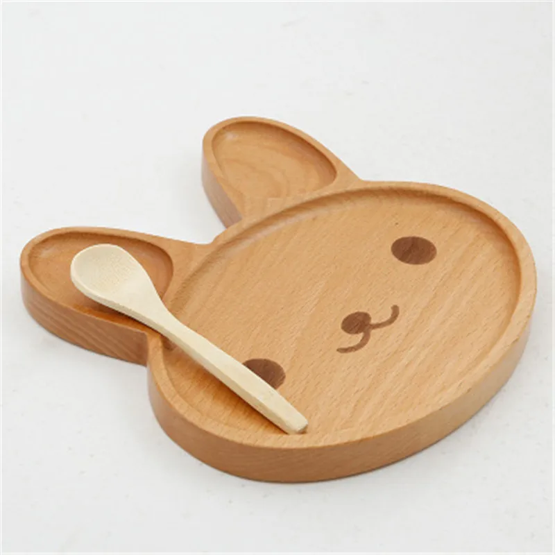 Wooden Platter Rabbit Food Dish Kids Toddler Feeding Plate Dinner Tray Tableware