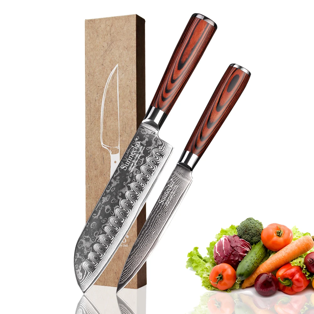 

SUNNECKO 2PCS Kitchen Knife Set Damascus Santoku Utility Paring Knives Japanese VG10 Steel Pakka Wood Handle Sharp Cutter Tools