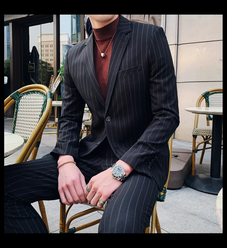 Traje Hombre британские серые мужские костюмы в тонкую полоску черные костюмы жениха бизнес курить Para Noivo мужские костюмы Slim Fit