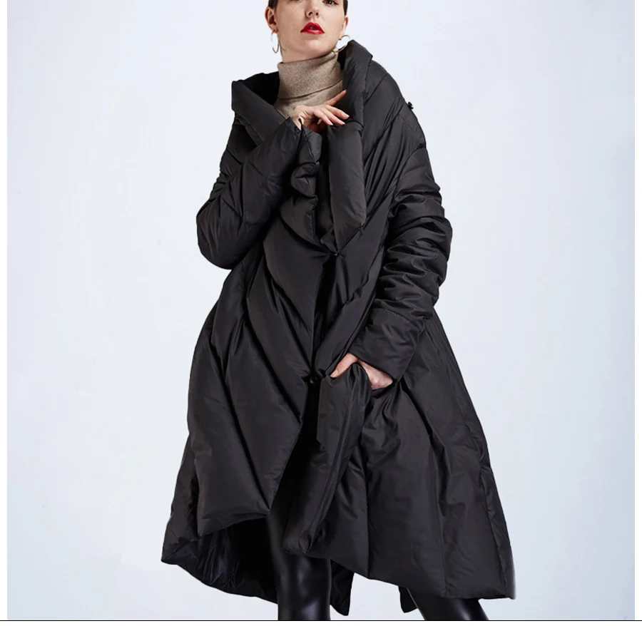 Модная женская куртка, зимнее пальто, пуховая накидка, дизайнерская, большая, Дамская, пуховая накидка, Дамская, длинная, белая утка, женская, черная, негабаритная, роскошная