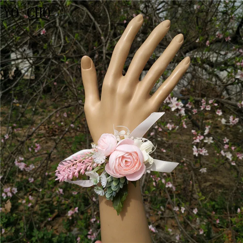 Wedding Accessories Boutonnieres Corsages Pink Rose Cuff Bracelet Flore Bridesmaid Groomsmen Marriage Silk Wrist Corsages (25)