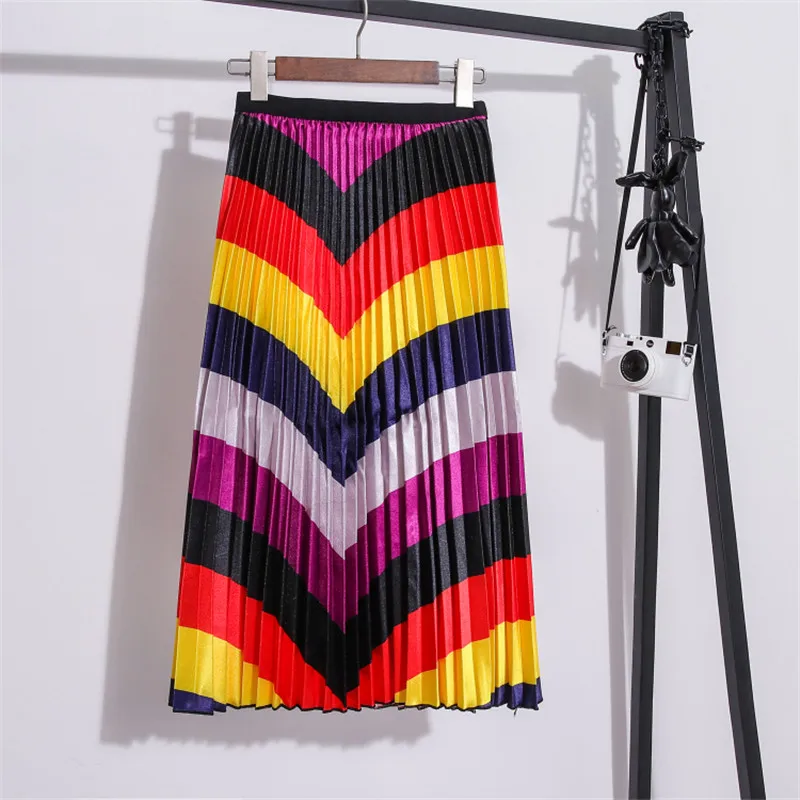 

JUJULAND Spring Fashion New Colored stripe Contrast Color Pleated Elastic High Waist Skirt All-match Female's Bottoms 321