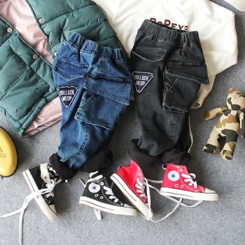 

2-8Y new 2018 winter thick fleece inside boys casual denim pant 1pc kids washed jeans boys winter pants children denim pant