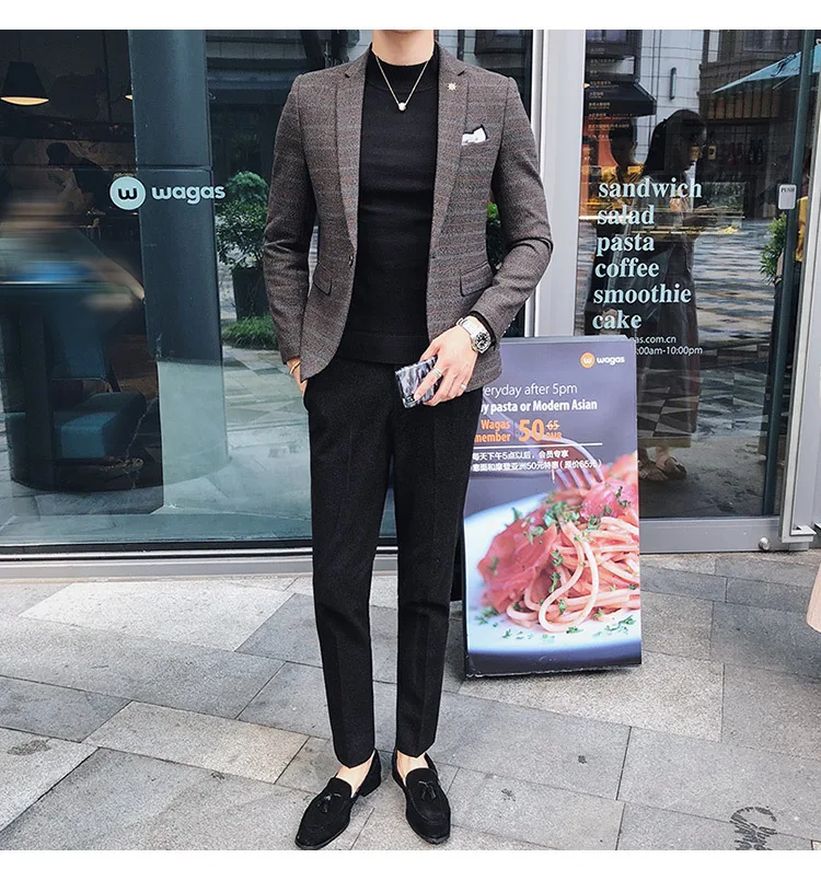 Autumn And Winter New British Wind Thousand Birds Temperament Tide Male Business Slim Small Suit Men's Jacket
