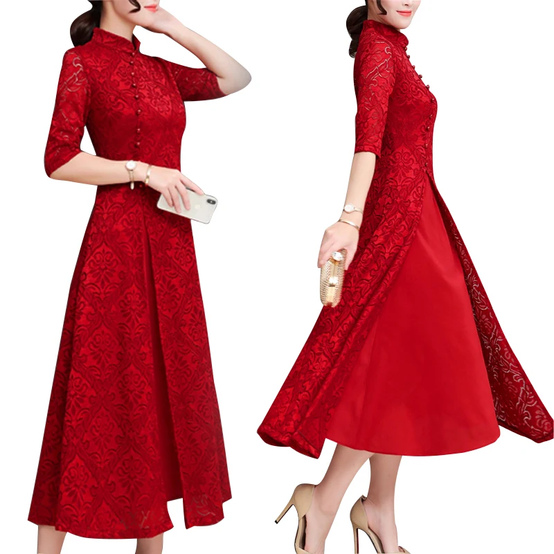 2019 летнее платье пачка для женщин с кружевной отделкой и длинными Cheongsam модные