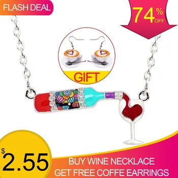Bonsny Statement Enamel Floral Red Wine Bottle Glass Necklace Chain Alloy Rhinestone Pendant For Women Girls Party Jewelry Gift