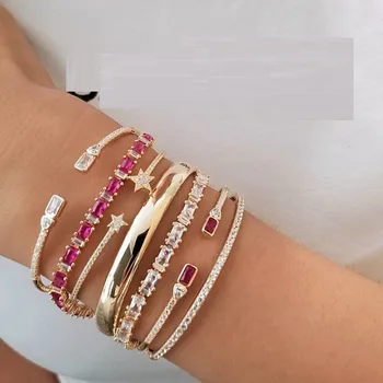 

Trendy Luxury Stackable Bangle For Women Wedding Full AAA Cubic Zircon Birthstone CZ Dubai Gold Bracelet Party Jewelry 2019