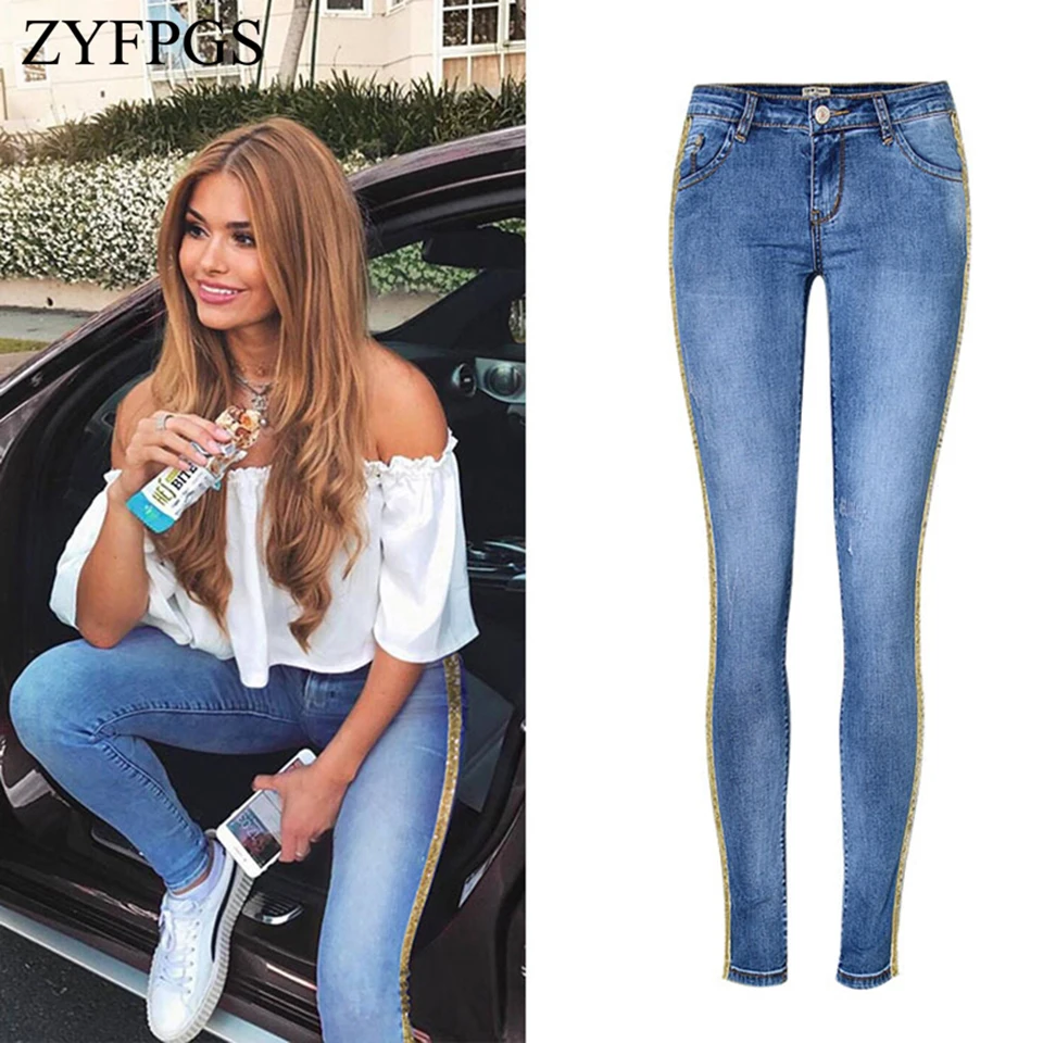 

ZYFPGS Spring 2019 Elasticity Women's Jeans Blue Retro Casual Women Jeans Yellow Belt Decoration Fashion Sales Leader Z1218