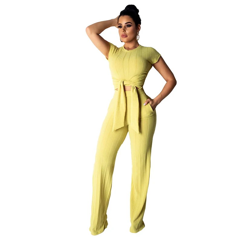 Вязанные комплекты из двух предметов Женская одежда с круглым вырезом короткий рукав бандажный топ+ карман широкие штанишки карамельного цвета спортивный костюм - Цвет: Yellow