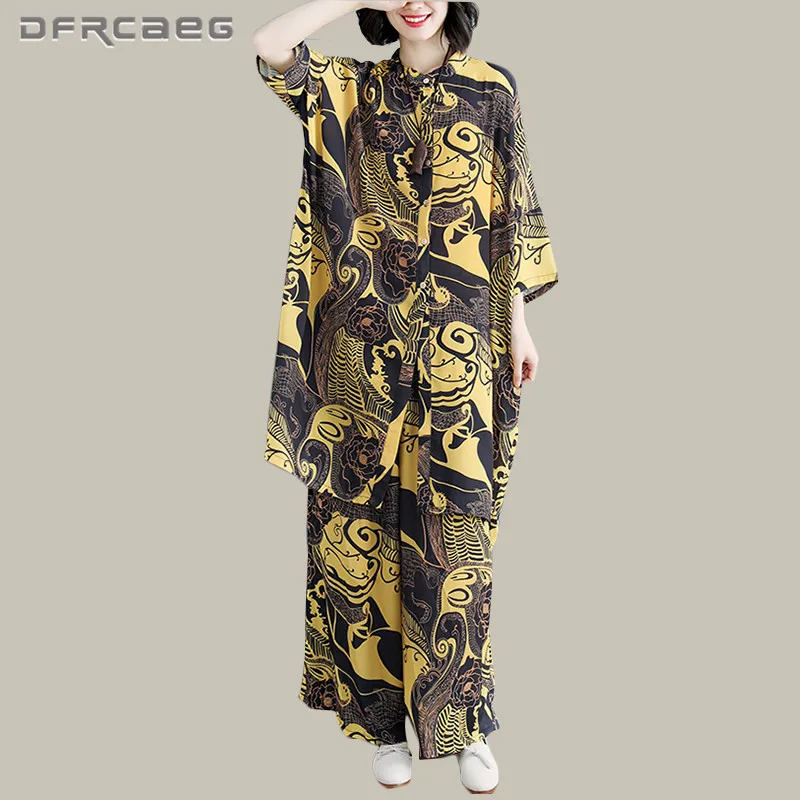 

Women 2 Piece Top And Pants Clothing Set 2019 Summer Big Size Chiffon Shirt +Beach Wide Leg Trouser Two Piece Outfit Female