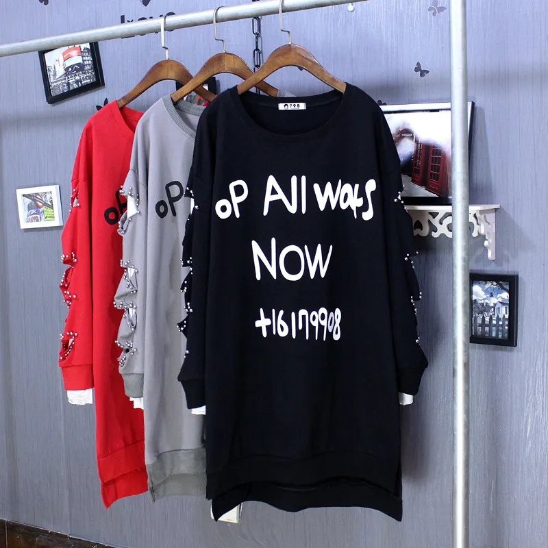 

Spring Autumn New Korean bead oversize size broken long sleeve loose cotton T-shirt character thin shirt female