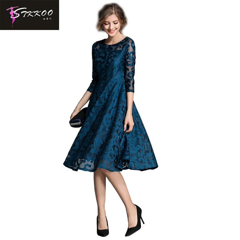 Plus Size S XXL Women Royal Blue Hollow Out Lace Dress Knee Length 2018