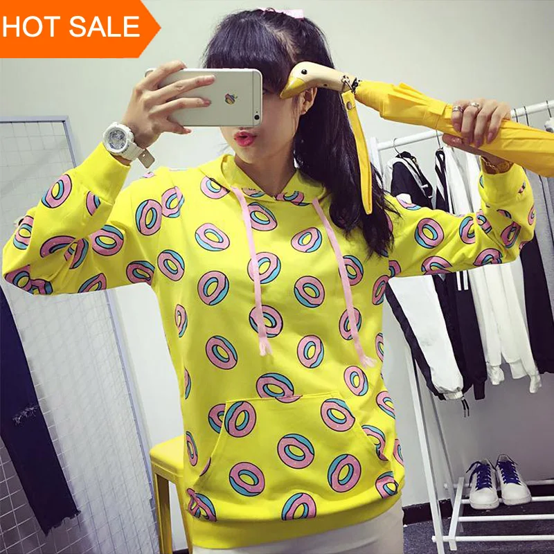  New Spring Autumn 2019 Cute Donut Print Pullovers Geometric Women Hoodies Sweatshirt Fashion Yellow