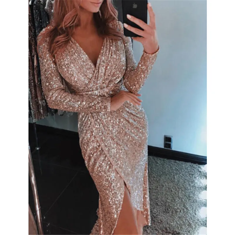 

Hot Sale Women Sequin V Neck Wrap Dress 2019 New Long Sleeve Asymmetry Dresses Ladies Bodycon Evening Party Dress Female Vestido