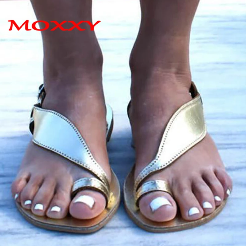 Plus Size 43 Leather Gold Sandals Women Sandals 2019 Summer Flat Beach Gladiator Sandal Brown Black Silver Sexy Flip Flops femme