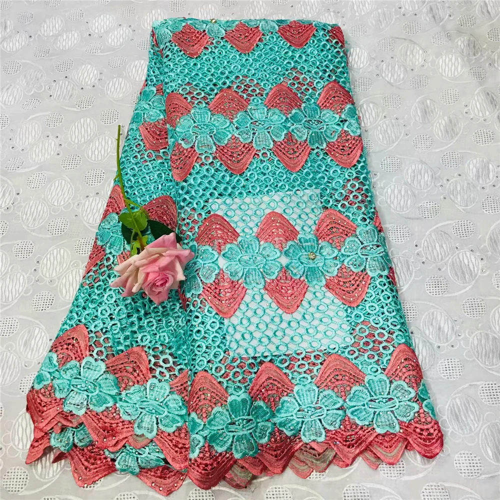 

High Quality Guipure Lace Fabric green Color African Cord Lace Wholesale Price Tulle lace fabric With Stones For Party