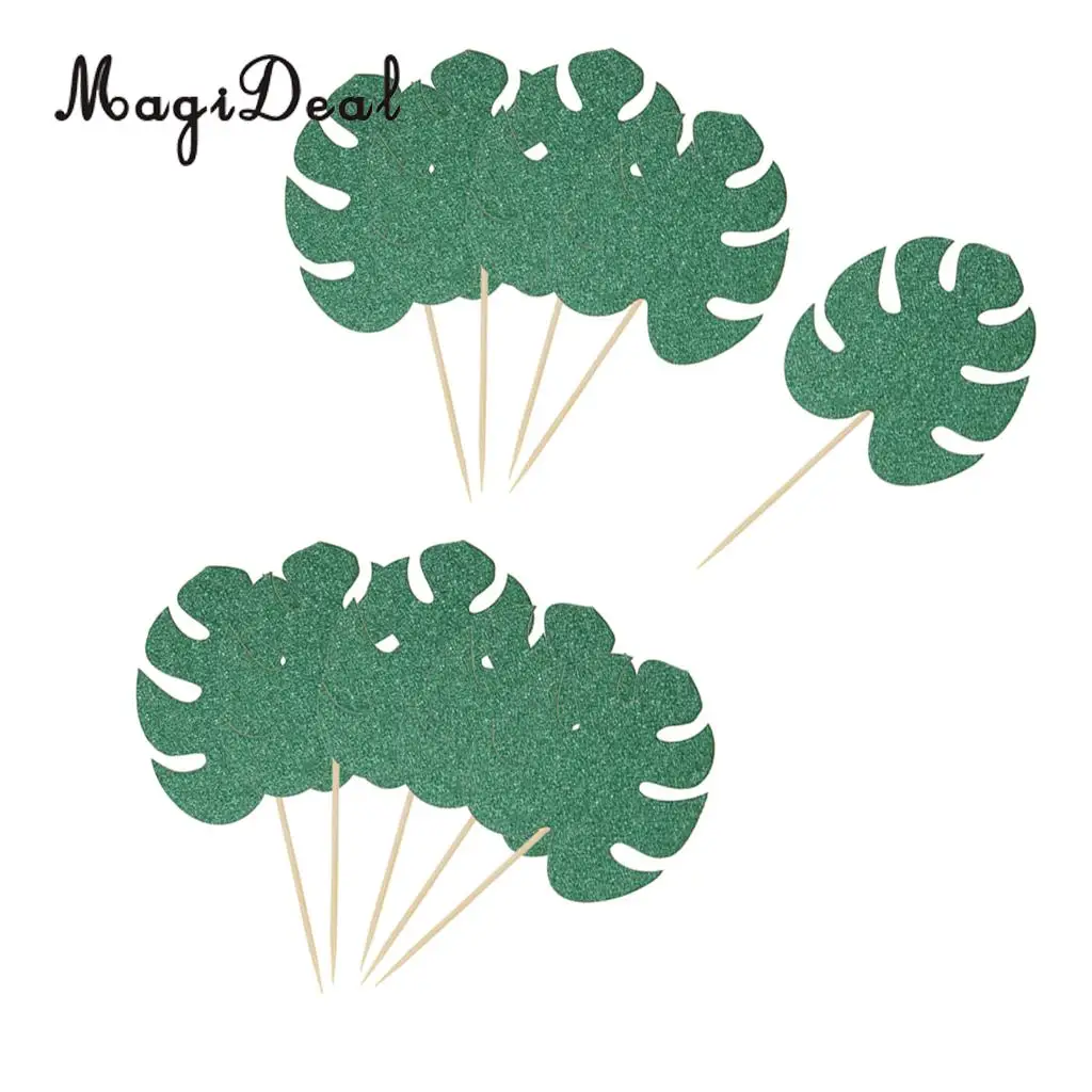10pcs Hawaiian Glitter Paper Leaf Cupcake Pick Topper Party Decoration