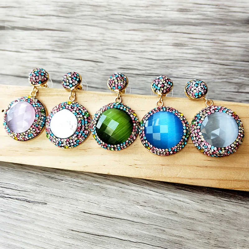 

1/5 Pairs Sparkly Cat Eye Stone Round Dangle Earrings With Multicolour Rhinestone Pave Jewelry Earrings Gift for women ER807
