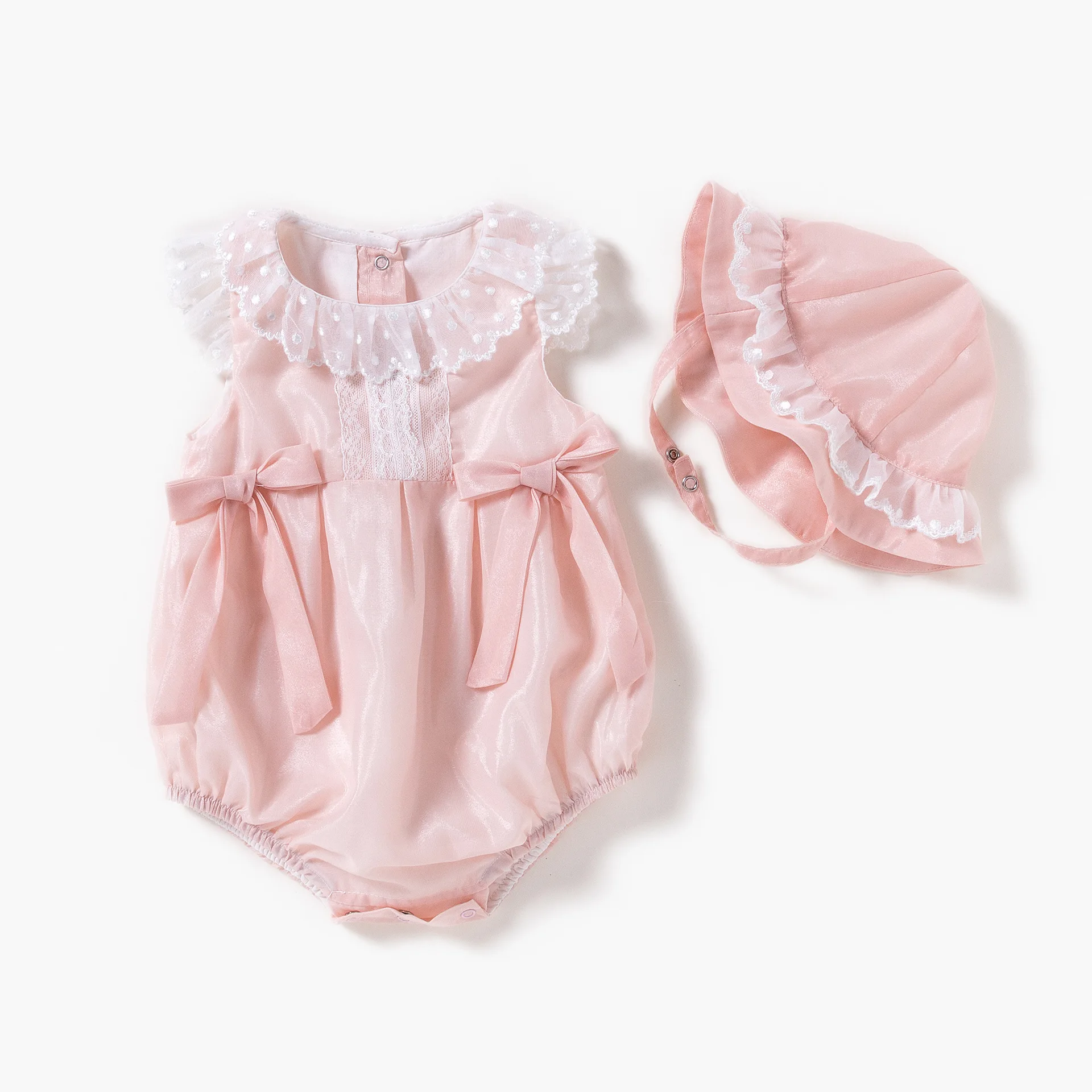 

Summer Princess Newborn Kid Baby Girl Clothes Lace Ruffle Sleeve Romper Solid Jumpsuit Bow Hat 2Pcs Baby Girl Sets 0-24M