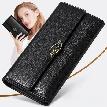 

High Quality Genuine Leather Women Wallet Long 3 Fold Purse Fashion Female Clutch Ladies Leather Rfid Wallet Passport Holder