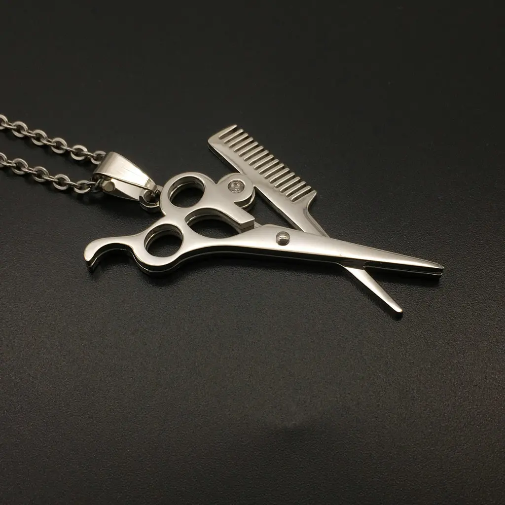 Hip Hop Scissor Comb Pendants Necklaces Stainless Steel Stylist Men Jewelry