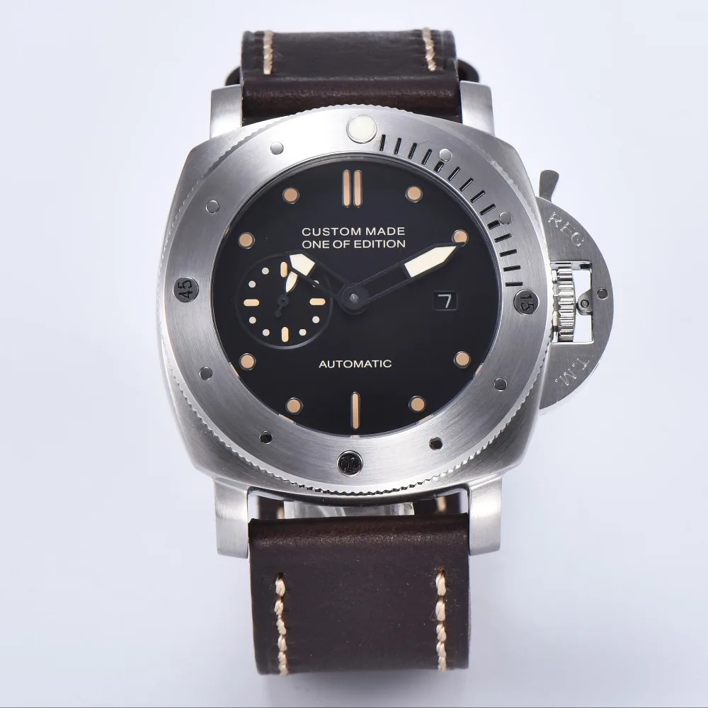 

parnis automatic watch PVD pam case automatic watch black dial military leather strap power reserve 0458