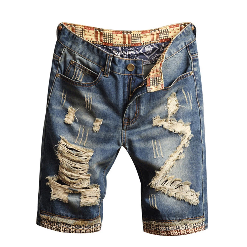 

Tear Hole Vintage Jeans Men Harajuku Fitness Shorts Hip Hop Novelty Streetwear Punk Rock Jeans 2019 Holes Patchwork Beach Shorts