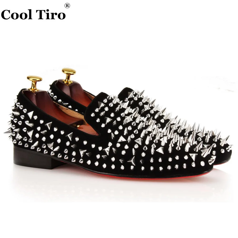 

COOL TIRO Mens Loafers Shoes Black Suede Dandelion Spikes Rivets Slip on Men's Casual Flats Slippers Wedding Party Dress Shoes