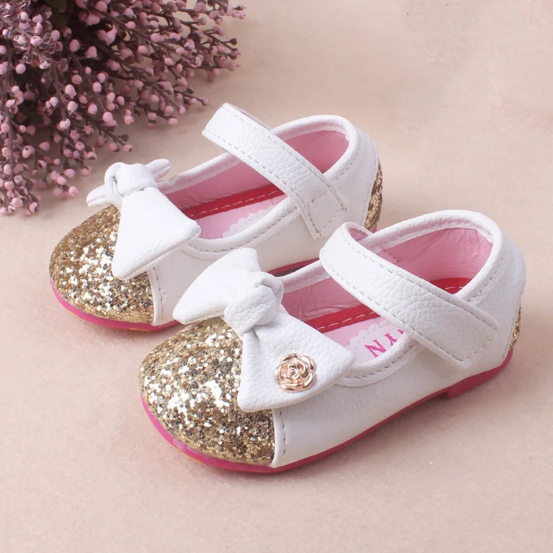 

WENDYWU Princess Girls Leather Shoes Bow Shoes Girls Sequins Shoes For Kids Birthday Metal Flowers Rose White Pink Size 12-15cm