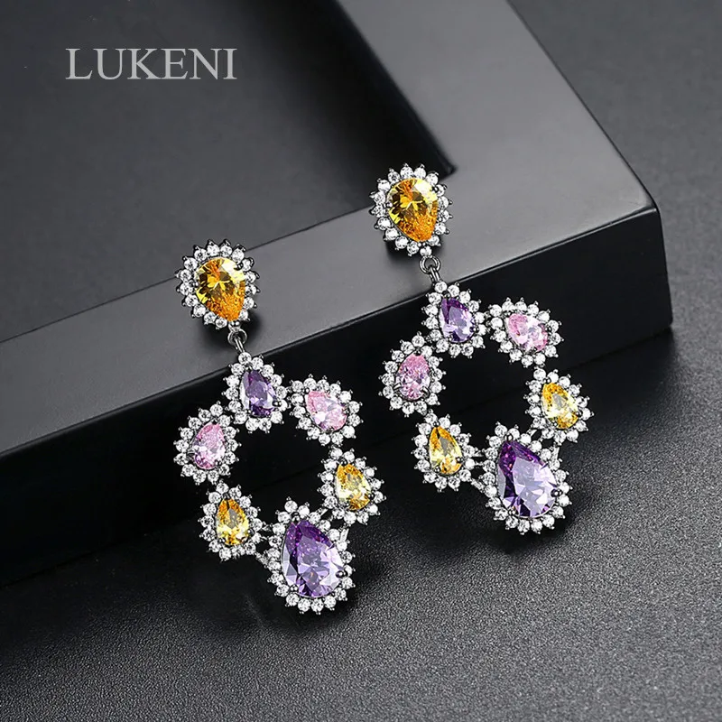 

LUKENI New Arrival Trendy Wedding Multi Color Shiny Cubic Zirconia Long Big Drop Earrings Vintage Party Jewelry Women