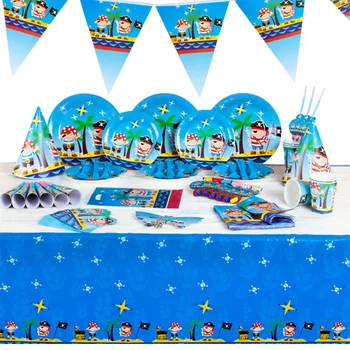 

101pc/lot 6 kids Cute Little Pirate Party disposable Tableware tablecloth Plate Napkins boys Happy Birthday Party Decor&supplies